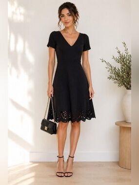 RED Valentino Black Knit Fit & Flare Dress Eyelet Floral Hem Ribbed Sleeve Large